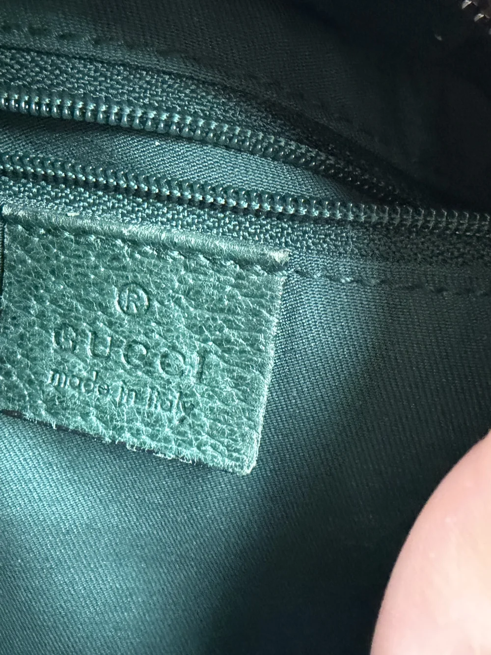 Beige Gucci Monogram Hobo Shoulder Bag with Green Trim